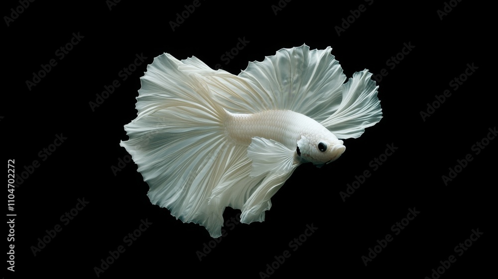 Poster elegant white betta fish with flowing fins on dark background