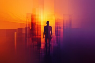 Fototapeta premium silhouette of a person against a vibrant sunset with abstract cityscape