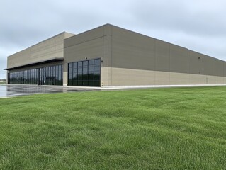 Fototapeta premium modern industrial building with large windows and green lawn