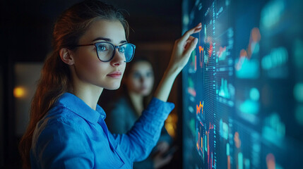 A female professional business women looking big screen of data ai generated