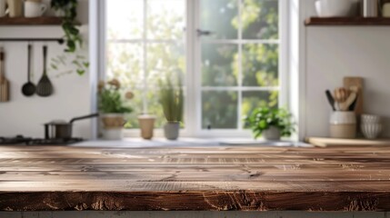 Wooden table for showcasing products above blurry kitchen window ledge