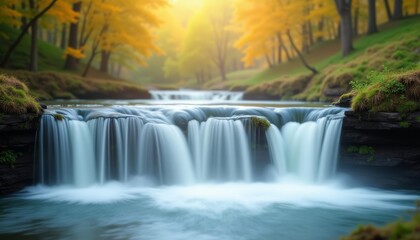 Obraz premium Enchanting Waterfall in Autumn Forest