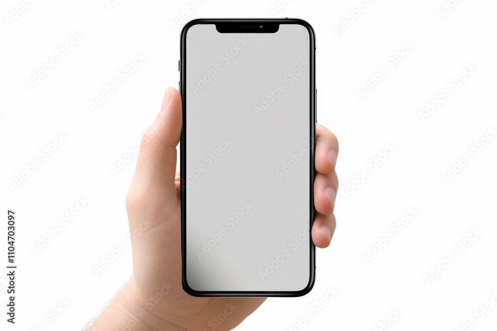 Poster hand holding a smartphone with a blank screen for customization