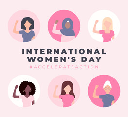 International Womens Day card. 2025 AccelerateAction campaign. Women in different ethnicity and hair color showing strength in their hand. Flat vector illustration