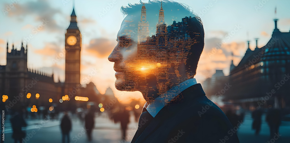 Poster a silhouette of a man with a cityscape overlay at sunset, symbolizing introspection and ambition.