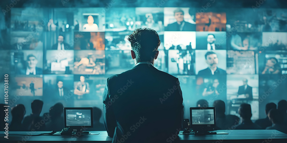 Poster A person in a suit observes multiple screens displaying various individuals and scenes.