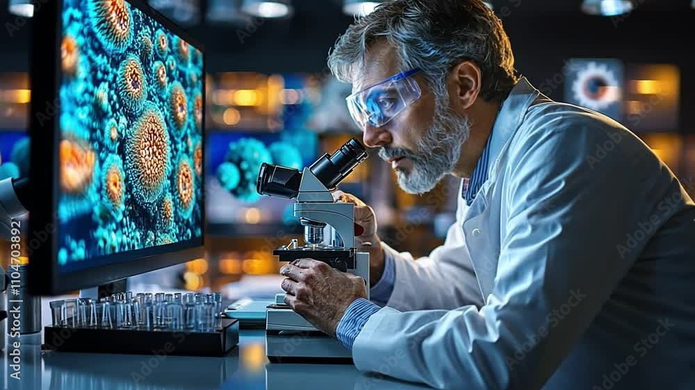 Poster scientist examining microorganisms under a microscope with computer display in laboratory at night