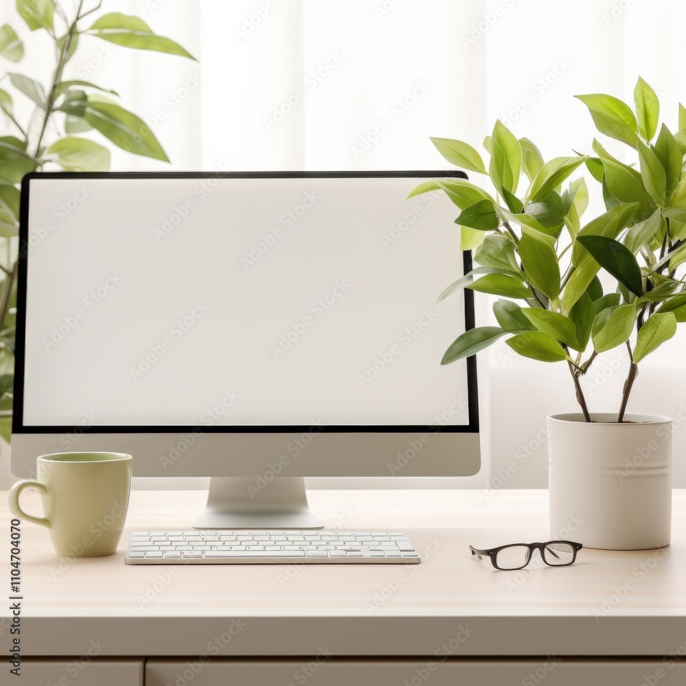 Poster minimalist workspace with computer and greenery for productivity