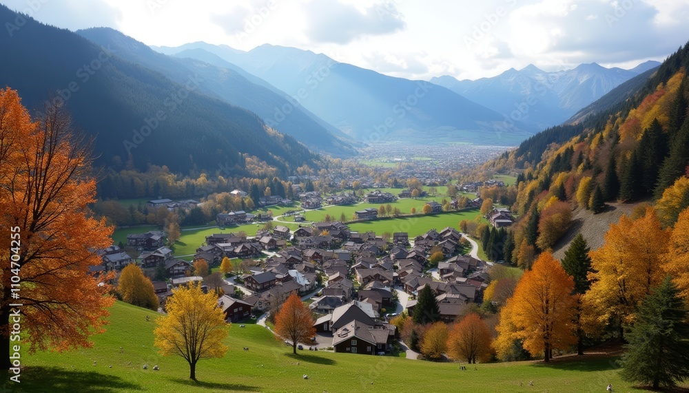 Wall mural  Autumns embrace in a mountain village