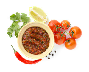 Tasty salsa sauce and ingredients isolated on white, top view