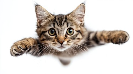 Obraz premium Adorable tabby kitten with green eyes and paws outstretched, looking up at the camera with curiosity.