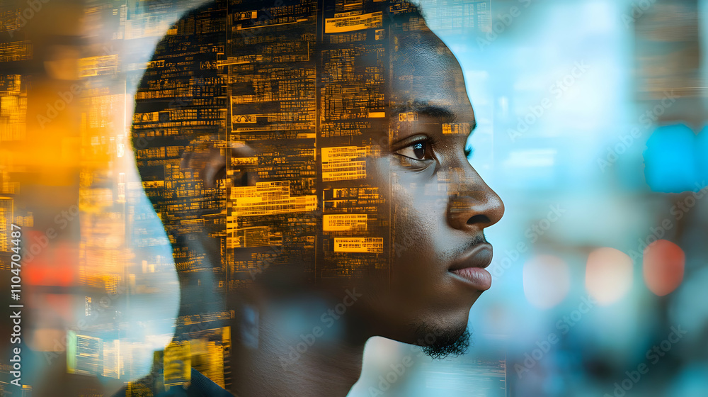 Aufkleber A profile of a person overlaid with digital data, symbolizing technology and innovation.