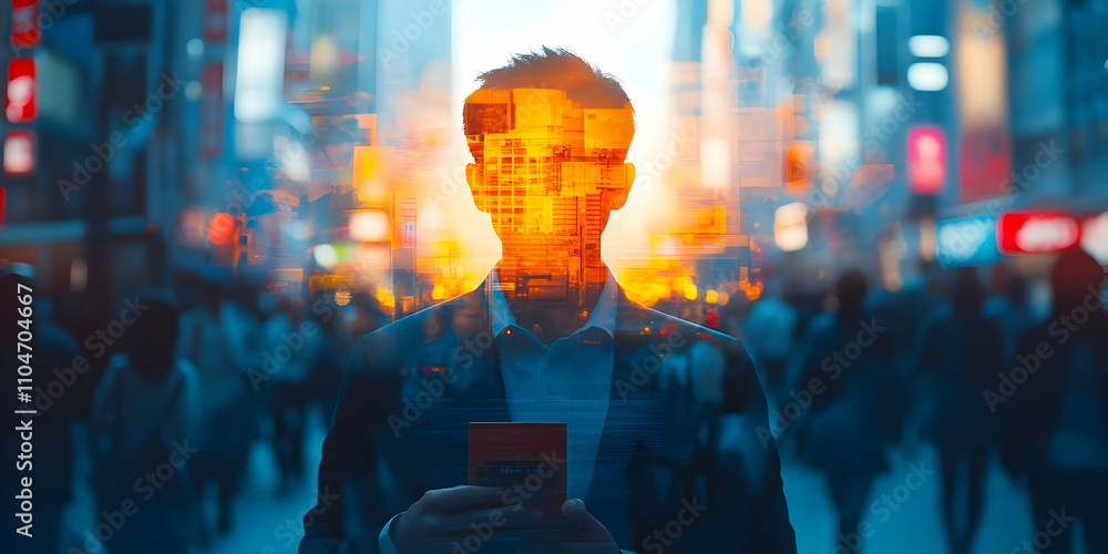 Poster a figure stands in a busy city, with a digital overlay reflecting technology and connection.