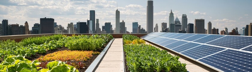 Environmental Considerations for a Sustainable Future. Urban rooftop garden with solar panels and city skyline in the background, showcasing sustainable living.