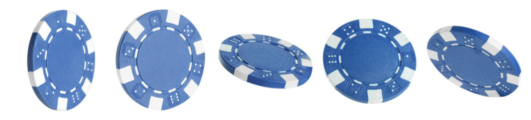 Blue casino chip isolated on white, collage