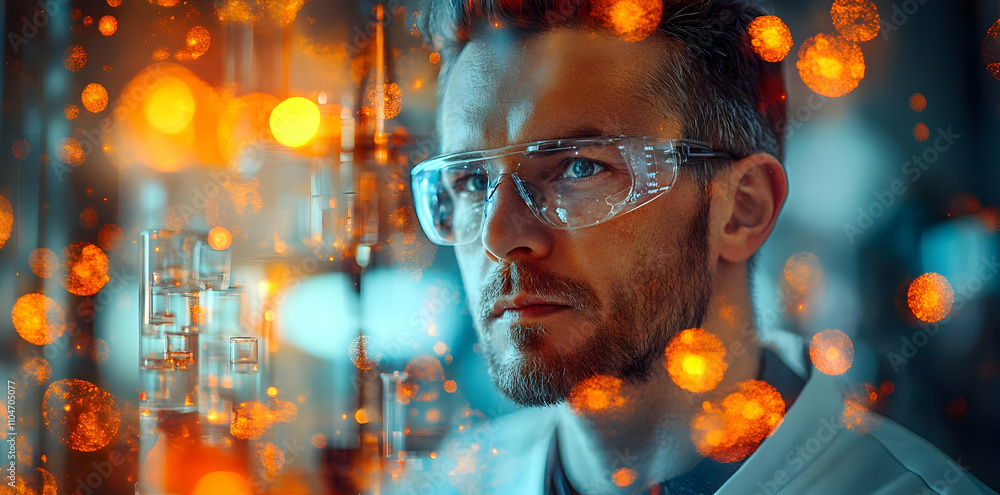 Aufkleber a scientist in glasses examines a laboratory experiment amidst glowing particles.