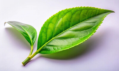 Bright green fresh tea leaf on a light background