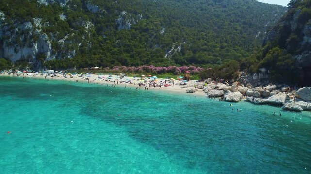 Aerial view of beautiful turquoise beach in Sardinia. Cala Luna, Orosei.