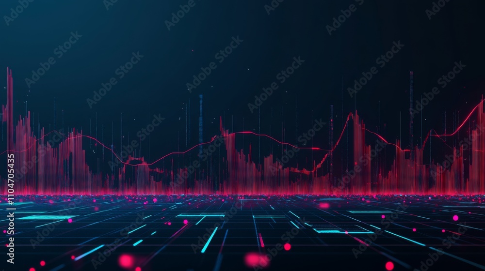 Poster abstract digital graph with bright lines and dots in dark background