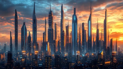Fototapeta premium Futuristic Cityscape at Sunset Modern Skyscrapers Urban Skyline