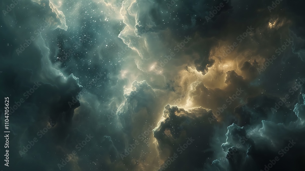 Poster mesmerizing image of a nebula, showcasing swirling clouds of gas and dust, illuminated by distant st