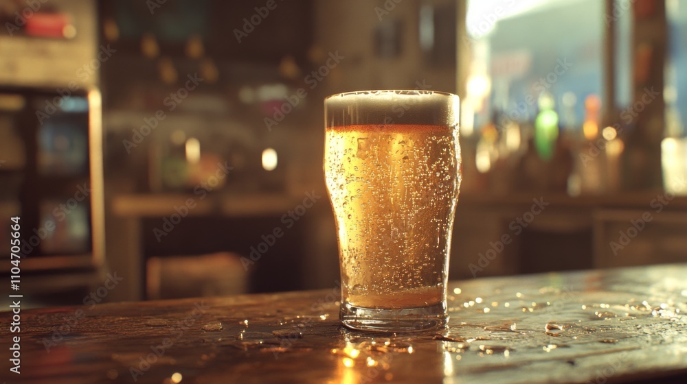 Poster Refreshing Glass of Beer with Bubbles in Warm Pub Atmosphere