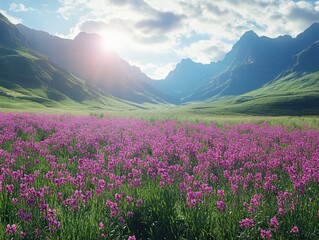 Obraz premium Vast Orchid Field, Majestic Mountain View, Radiant Spring Atmosphere