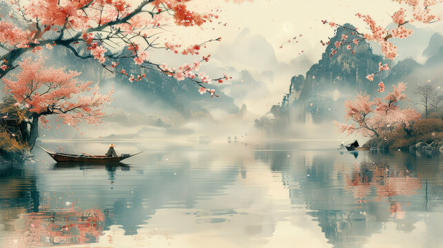  Serene Landscape with Cherry Blossoms and Calm Waters