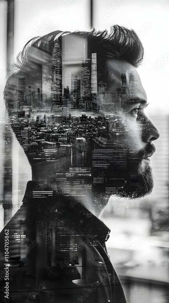 Poster A double exposure image of a man with a cityscape overlay, symbolizing urban life and introspection.