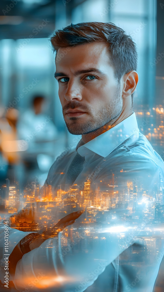 Poster a confident man in a business setting with a cityscape overlay.