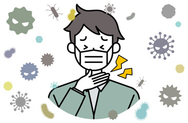 喉風邪・扁桃腺の痛み炎症のある男性ベクターイラスト 発熱 インフルエンザ のど 首 扁桃腺炎 咳 首