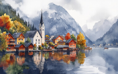 Fototapeta premium Artistic illustration of natural scenery in ancient European towns