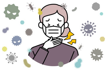 喉風邪・扁桃腺の痛み炎症のあるおばあさんベクターイラスト 発熱 インフルエンザ のど 首 扁桃腺炎