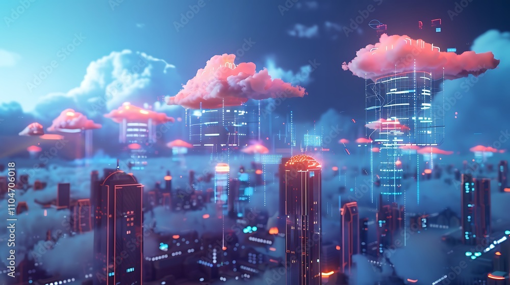 Poster futuristic city with cloud computing servers illustrating digital transformation.