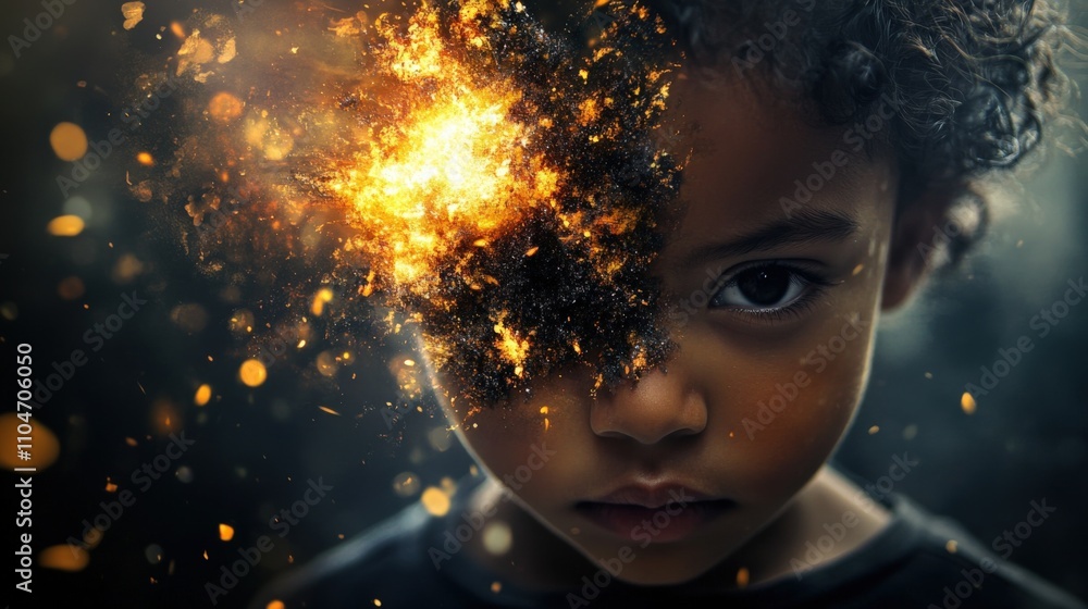 Poster portrait of a child with a creative explosion effect representing imagination and creativity