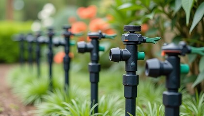  A row of garden sprinklers ready to water the plants