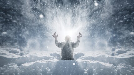 Obraz premium person experiencing winter snowstorm with hands raised in the air