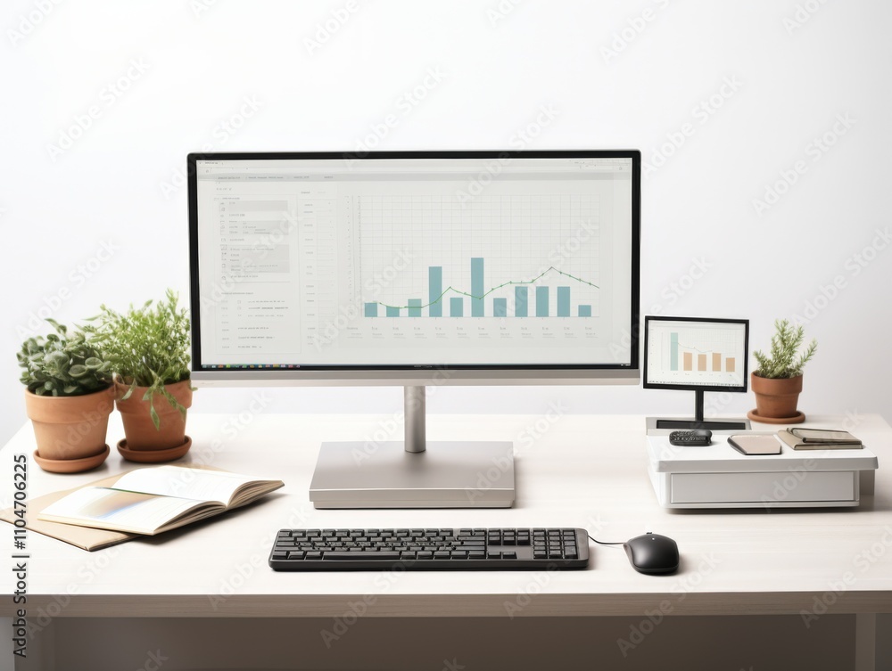 Poster modern workspace with computer and plants for productivity and organization
