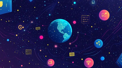 Colorful Digital Universe with Earth Surrounded by Icons Representing Technology, Data, Communication, and Connectivity in a Cosmic Background