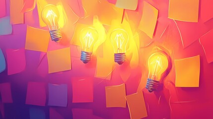 Illuminated Light Bulbs Against a Colorful Background of Sticky Notes Creating a Vibrant Workspace Atmosphere for Inspiration and Creativity