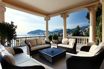 Fototapeta premium The luxurious entry area boasts an elegant stairway, immediately impressing guests as they enter the home, loft apartment.