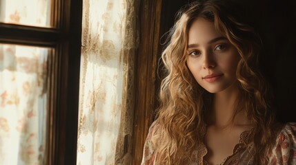 Fototapeta premium Portrait of a Beautiful Young Woman by a Vintage Window