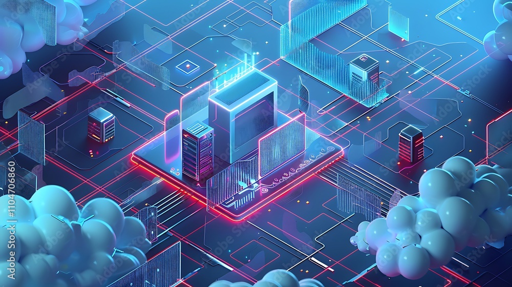 Poster futuristic illustration of a cloud computing network with servers, neon lights, and data flow.
