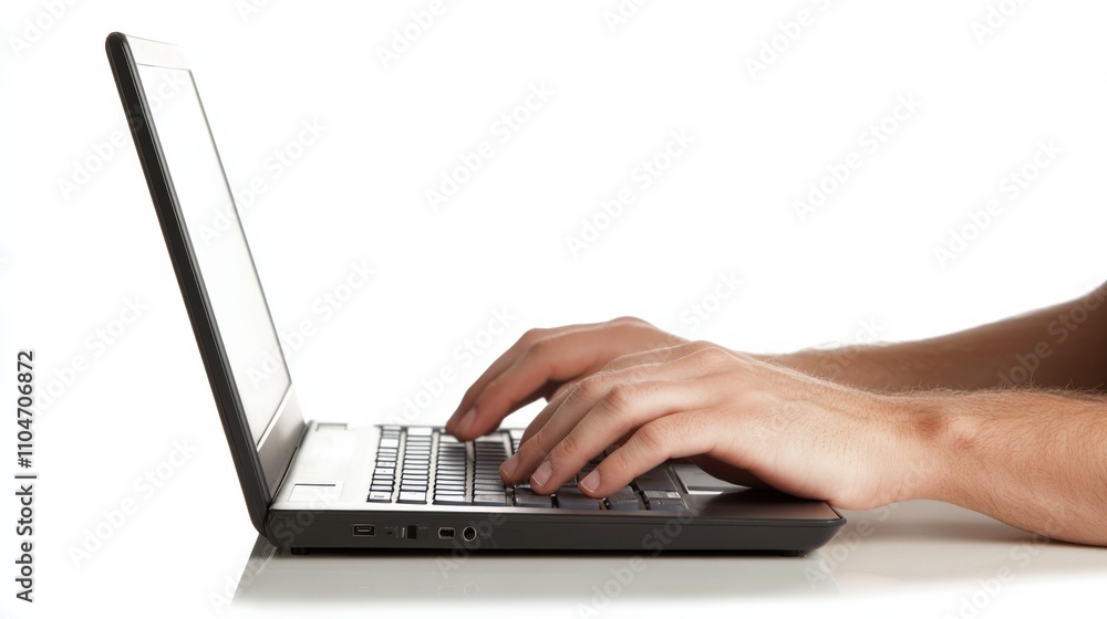 Poster hands typing on a laptop keyboard with a clean background