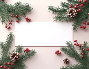 Christmas-themed white rectangular label with pine branches and berries on a white background.