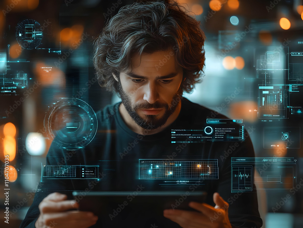Poster A focused man interacts with a tablet, surrounded by digital data visualizations.