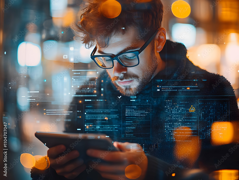 Poster A focused individual using a tablet, surrounded by digital data and abstract visuals.