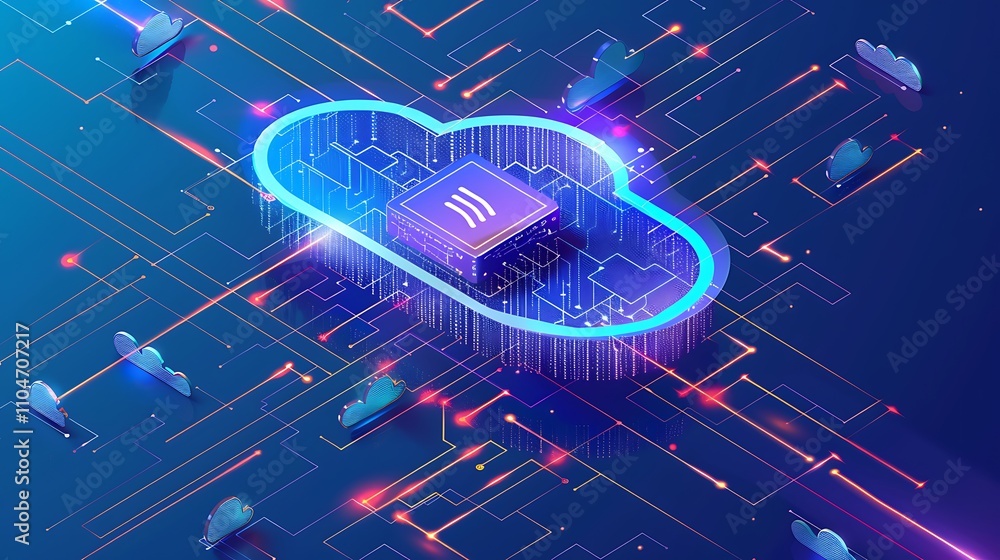 Poster abstract 3d illustration depicting cloud computing, serverless architecture, and data processing a v
