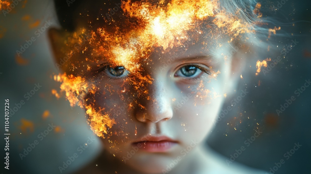 Poster a captivating portrait of a child with a surreal fiery effect