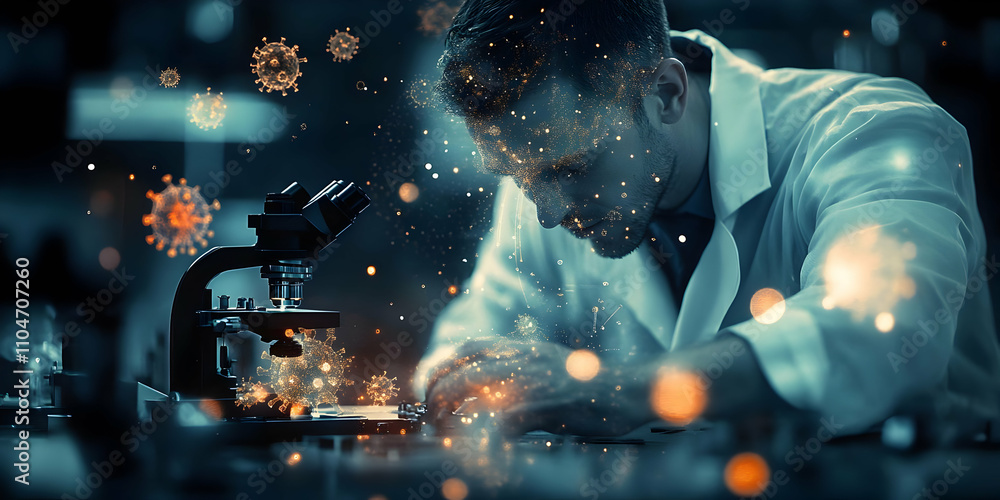 Poster A scientist examines samples under a microscope, surrounded by glowing particles.